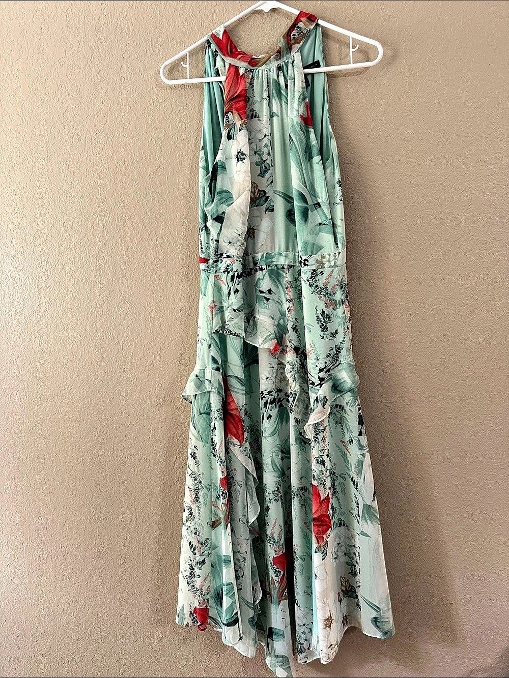 White House Black Market Handkerchief Hem Chiffon Halter Midi Dress Floral Green